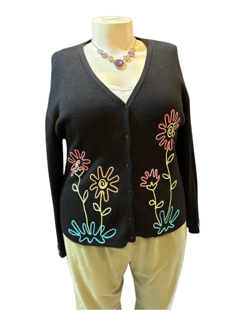 Mandal Bay Sz XL Black Fluorescent Ribbon Embellished V-Neck Button-Up Cardigan